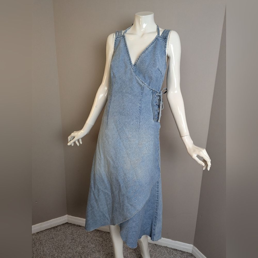 Vintage 725 Originals Denim Wrap Dress – Y2K Asymmetrical Lace-Up – Size XS